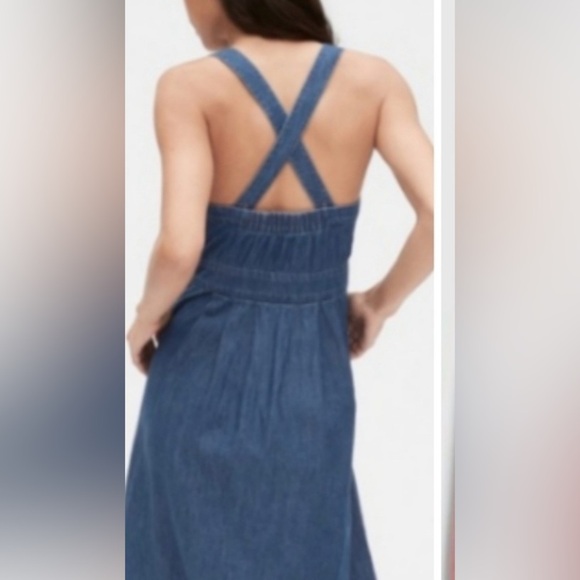 Gap Apron Denim Midi Dress Women’s 8 Tall Blue Buttons Pockets Feminine Cottage - Picture 2 of 14